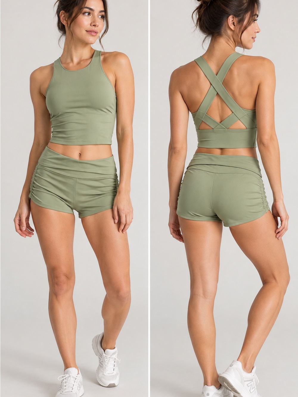 Athleta Olive Crisscross Back Crop & Ruched Shorts Set